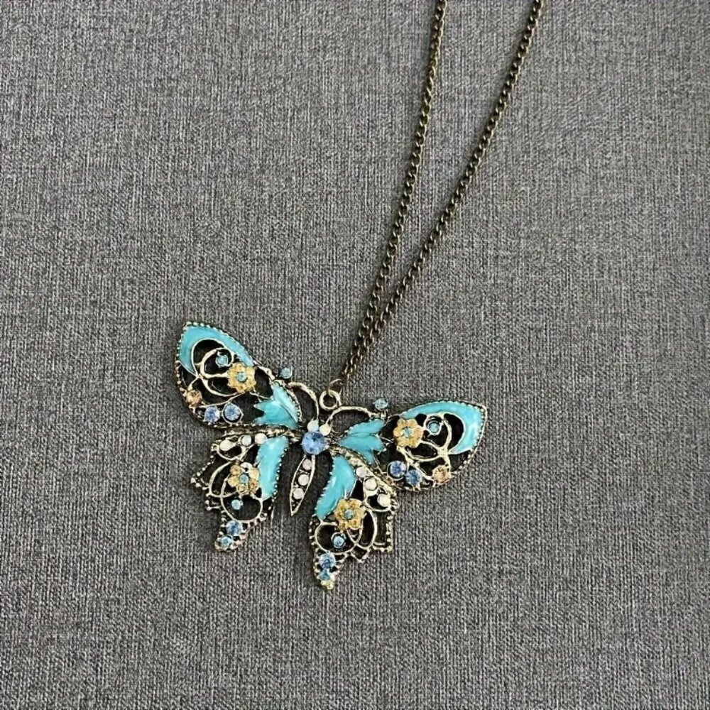 Boho Teal Butterfly Pendant Necklace Art Nouveau Enamel Rhinestone Cottagecore - Picture 5 of 12